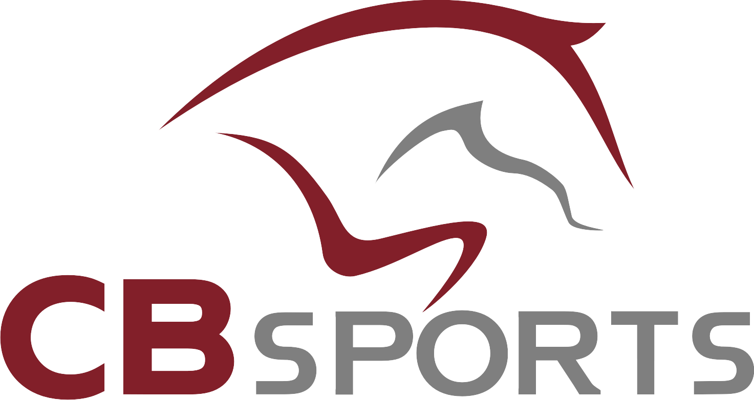 Logo von CB Sports mit abstrakten rotem und grauem Pferdekopf und Schriftzug.